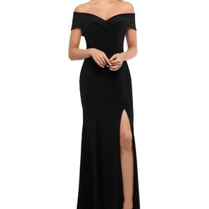 Xscape off the shoulder gown with front slit.